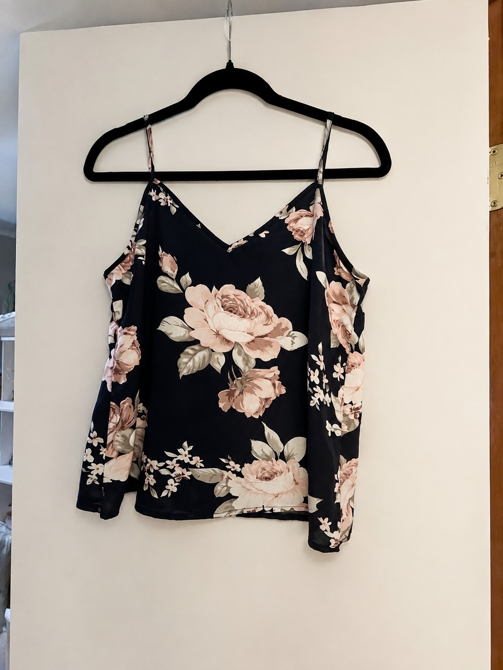 Floral Spaghetti Strap Cami Top - Black with Blush Roses